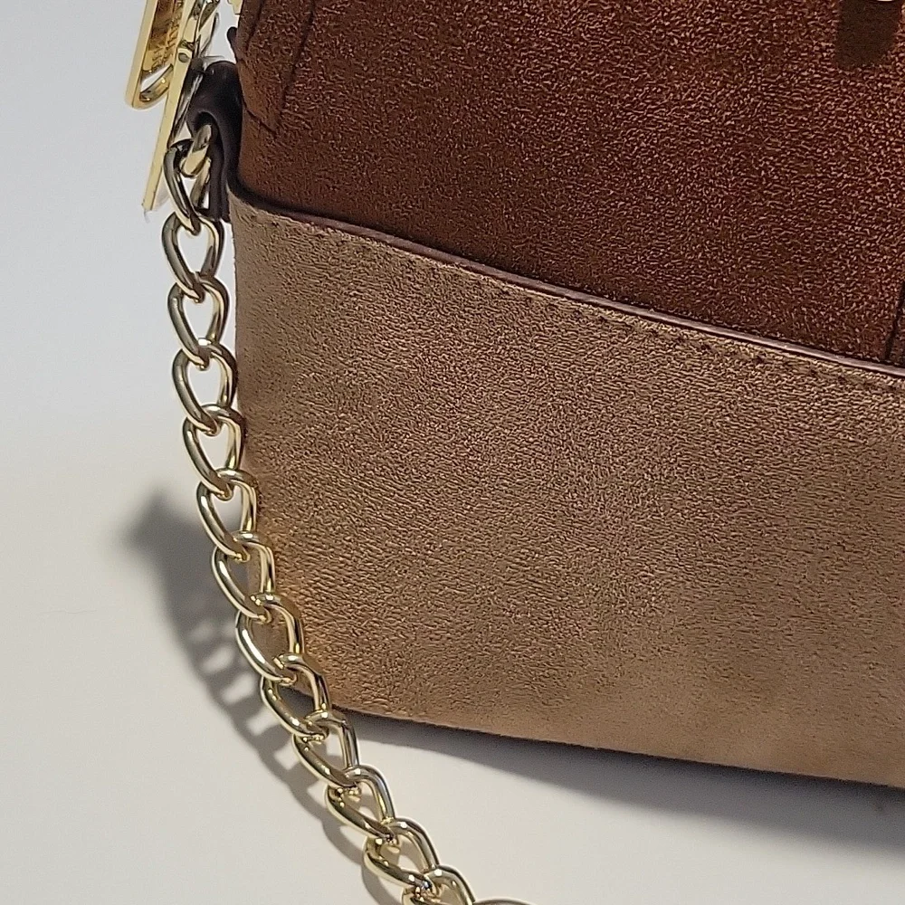 Brown and Tan Patchwork Crossbody Bag With Chain Detail Strap